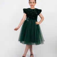 حراج پیراهن دخترانه مجلسی پولکی حلقه ای سبز یشمی