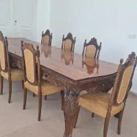 میز ناهار خوری چوب سفارشی منبط کاری شده با ۸ صندلی