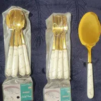 ست قاشق چنگال و کفگیرطلایی دسته سرامیکی طرح ماربل