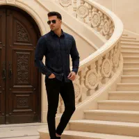 پیراهن مردانه آستین بلند مشکی آبی پنبه مدل 1966