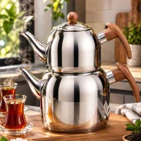 کتری قوری استیل دسته چوبی کفی چدن