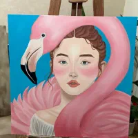 تابلوی بوم رنگ روغن چهره با فلامینگو