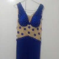 پیراهن  مجلسی  آبی کاربنی با گل های برجسته