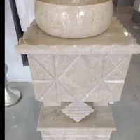 روشویی سنگ تک پایه سیمکان رنگ کرم همراه قاب آینه