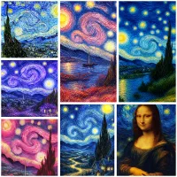 نقاشی الماسی بزرگسال طرح شب پرستاره سایز بزرگ