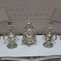 ست ساعت وشمعدانی دکوری نقره ای برنز