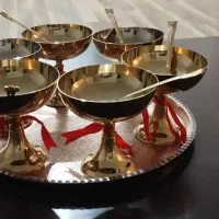 سینی مسی ست بستنی خوری جام شیشه ای آنتیک