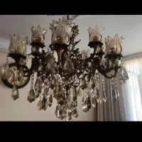 لوستر۱۶شعله برنجی قدیمی کریستال شامپاینی دیوارکوب