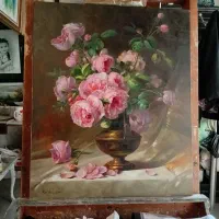 تابلو رنگروغن (گلهای صورتی گلدان مسی)