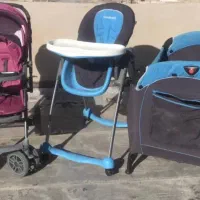 کالسکه وتخت نوزاد و صندلی غذا و ماشین شارژی