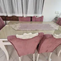 میز ناهارخوری ۶ نفره شیشه‌ای + صندلی مخمل صورتی|میز و صندلی غذاخوری|تهران, قبا|دیوار