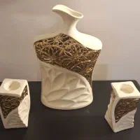 ست شمعدان و گلدان سفید و طلایی دکوراتیو