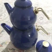 کتری قوری لعابی رنگ آبی طلایی نونو