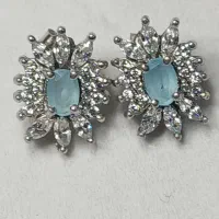 گوشواره نقره جواهر با نگین آکوامارین یا زمرد آبی