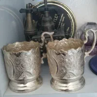 دوعدد گالش برنج روکش اب نقره قلم زنی زیبا قدیمی