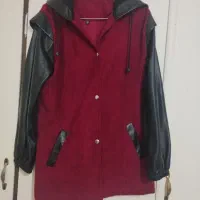 مانتو مخمل کبریتی زرشکی آستین چرم در حد سایز 42