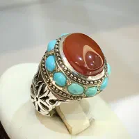 انگشتر عقیق با مخراج فیروزه رکاب دست ساز