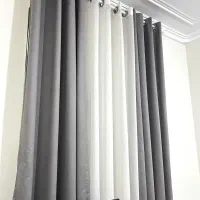 پرده پانچ بغل طوسی وسط حریر ساده با زیر پرده ای|پرده، رانر، رومیزی|کرج, حصارک بالا|دیوار