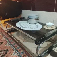 میز جلو مبلی قدیمی چوب و استیل و شیشه