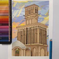 تابلو نقاشی مدادرنگی عمارت بادگیر یزد