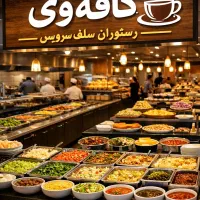 چندین نوع املت و تنقلات و غذا به صورت سلف سرویس