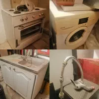 اجاق گاز و ماشین لباسشویی و سینک و شیر و کابینت