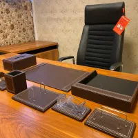 ست رومیزی چرم ۷ تیکه مشکی / زیر پایی / سطل زباله