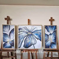 تالو نقاشی سه تکه،گل و گلبرگ سرمه ای طلایی*