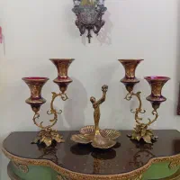 گلدکیش دکوری انتیک  شمعدان برنز مجسمه طلاکوب