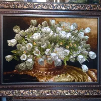 تابلوفرش دستباف گلدان لاله سفید ۱۰۰*۱۳۰ اعلا golha