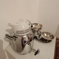 سماورگازی ب همراه قوری و کاسه و سینی|سماور، چای‌ساز، قهوه‌ساز|محمدیه-قزوین, |دیوار