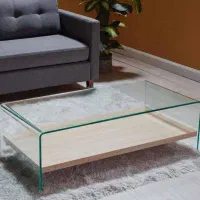 میز شیشه‌ای با شلف چوبی