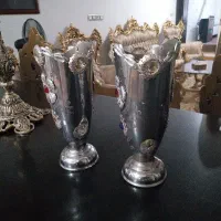 جفت گلدان برنجی روکش آب نقره کهنه