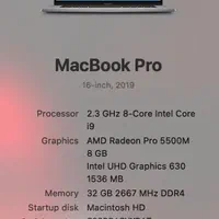 MacbookPro 2019 i9 32G 1Tb 8Gb VGA بسیار تمیز|رایانه همراه|تهران, حشمتیه|دیوار