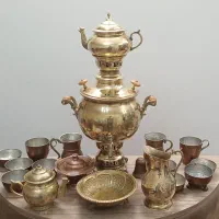 ست سماور ذغالی برنجی و ظروف مسی انتیک