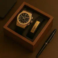 پکیج دستبند پلاک دار+ساعت مچی Hublot طلایی مدل C70