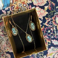 ست پلاک انگشتر گوشواره فیروزه ورق طلا با زنجیر