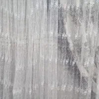 پرده تور سفید گلدار آبی کمرنگ خامه دوزی شده