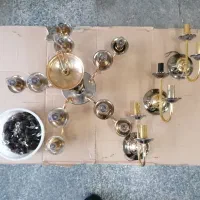 لوستر10 شعله برنجی بهمراه سه دیوارکوب و کریستالها|لوستر و چراغ آویز|بروجرد, |دیوار