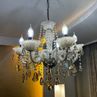 لوستر ۶ شاخه کریستالی شامپاینی + ۶ لامپ کم‌مصرف