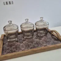 سینی چوبی رزینی به همراه سه قندان دودی