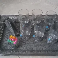 دو دست استکان و دو دست انگاره و دو سینی پیوتر اصل