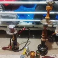 2 عدد قلیان برنجی کوچک و چوبی بلند