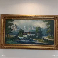 نقاشی  رنگ روغن قاب چوب منبت کاملاً سالم