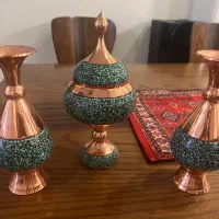 گلدان و شکلات خوری مسی فیروزه کوبی شده