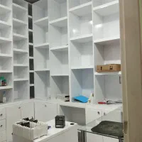 تعدادی قفسه و ویترین با تابلو روان و میز و صندلی