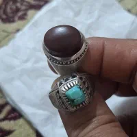 دو عدد انگشتر نقره قدیمی فیروزه و عقیق یمنی اصل