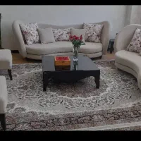 مبل + آینه کنسول روستیک چوبی+لوستر + پرده زبرا