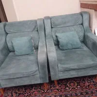 مبل راحتی ۷ نفره مخمل کبریتی سبز طوسی، در حد نو