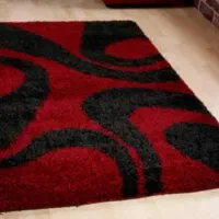 فرش کوچک شگی پرز بزرگ مشکی قرمز